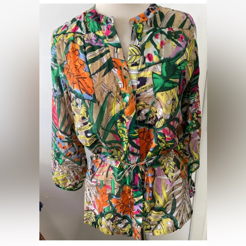 Vilagallo Women’s Floral Blouse Top Size 38 ( size 8)  drawstring 3/4 sleeve